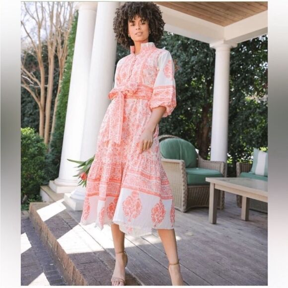 Sue Sartor Flounce Satsuma Garden Print Coral and White Cotton Midi Dress - Picture 1 of 16